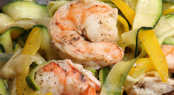 Zucchini “Linguini” With Roasted Garlic Shrimp