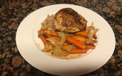 Todd’s Pomegranate Glazed Chicken, with Roasted Vegetables and Farro